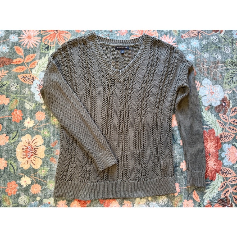 Banana Republic Womens Olive Green Open Stitch V-Neck Sweater Size M 545800-01